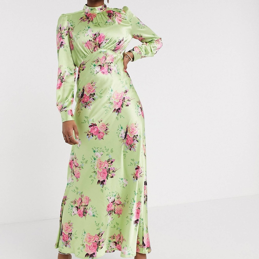 ASOS Green Pink Floral Maxi Tea Dress US 4/UK 8 Satin Feel 1631596